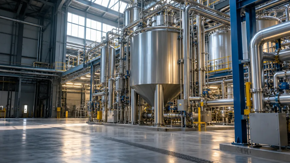 Stainless-steel processing equipment in an industrial hall.