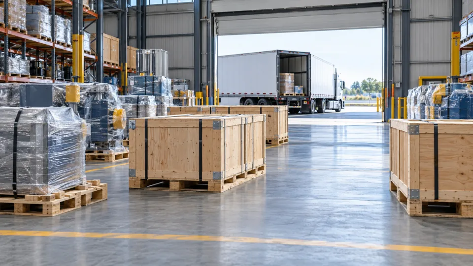 Export crates and equipment in an industrial dispatch warehouse.