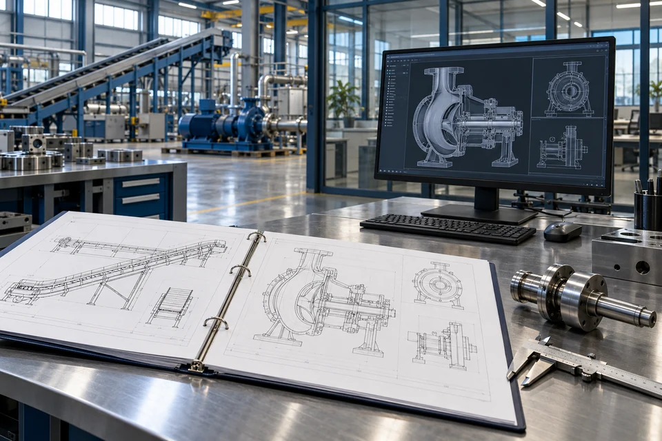 Technical drawings and precision components on an engineering workbench.